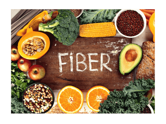 foods surrounded on the cutting board with the word fiber in the center