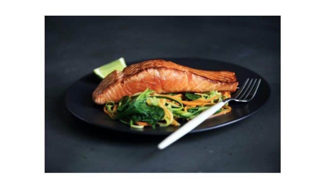 Salmon with Baked Sweet Potato + Veggies