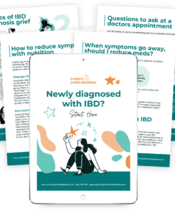 Newly Diagnosed with IBD ebook cover shown on an iPad with a sneak peek of inside pages shown scattered behind the ipad