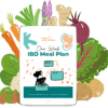 iPad with cover of ebook, one week IBD meal plan, with vegetable illustrations behind the device