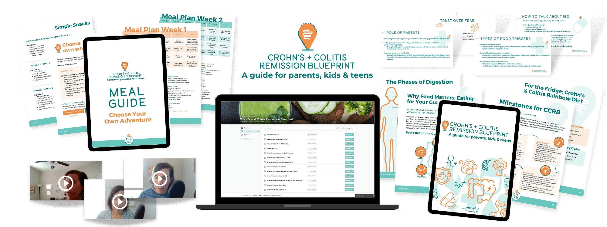 Crohn's & Colitis Remission Blueprint, a guide for parents, kids and teens mockup showing online program, slides, workbooks, etc.
