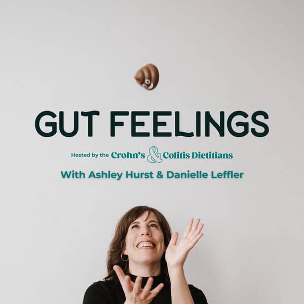 Gut Feelings Podcast Cover Crohns and Colitis Dietitians, Ashley throws a foam poop emoji into the air and smiles